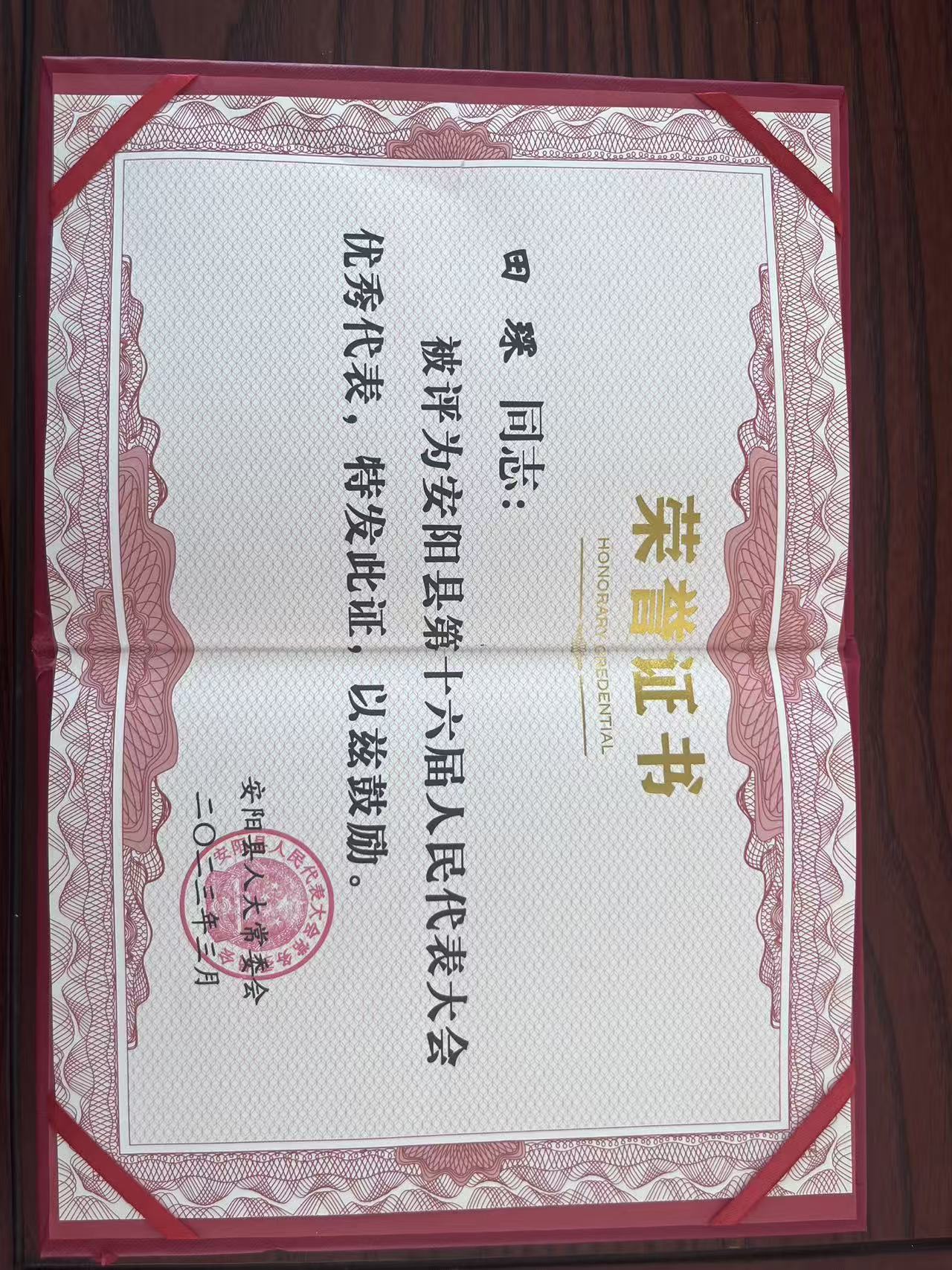 人大优秀代表荣誉证书